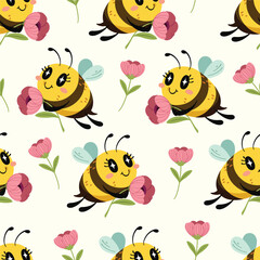 Seamless pattern of cute little bee holding a pink flower. The hard-working little bee smiled brightly. Pattern for fabric and wrapping paper, Pattern for design wallpaper and fashion prints. - obrazy, fototapety, plakaty