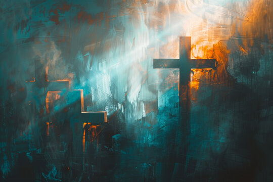Artistic interpretation of Calvary, abstract and symbolic, with crosses and ethereal light. Abstract painting with crosses, warm hues, spiritual and religious art, with copy space
