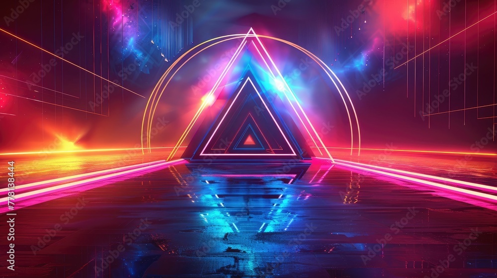 Poster futuristic geometric abstraction with morphing shapes neon lights and vibrant color scheme