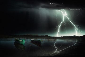 The view of Beysehir lake (Turkish: Beysehir Golu) and lightning in the evening. The lake is fed by...
