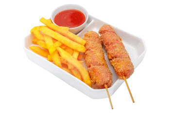 Fried fish skewer with french fries and ketchup isolated on white background