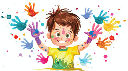 Obraz na płótnie Canvas Cartoon little boy painting with colorful handprints