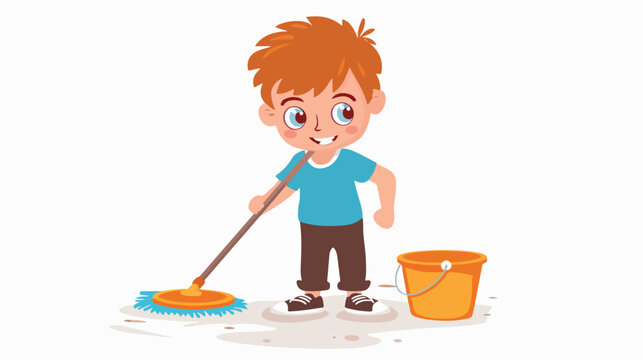 Cartoon little boy mopping the floor Flat vector isolated