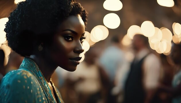 Beautiful young African woman. Profile of a brunette with an elegant hairstyle and expressive brown eyes with large gold jewelry in a luxurious dress