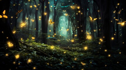 Fototapeta premium Glowing fireflies in a magical forest