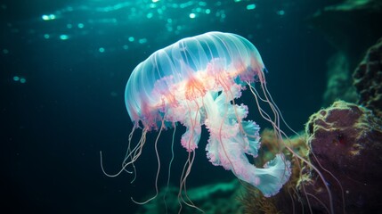 Glowing jellyfish in an underwater cave