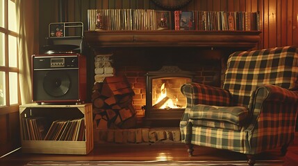 A cozy retro living room with a fireplace, a plaid armchair, and a collection of vintage vinyl records displayed in a wooden crate next to a turntable
