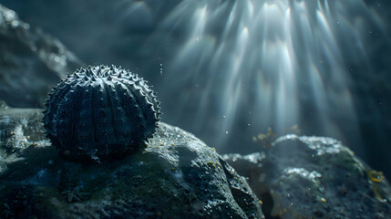A close-up of a sea urchin perched on a submerged boulder, its textured surface illuminated by...