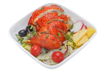Chicken kebab in tomato sauce with vegetables on a white background