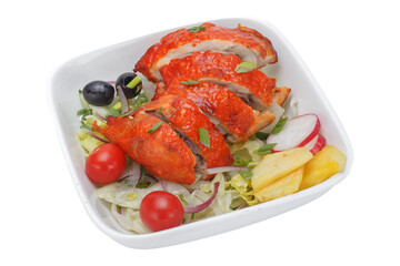 Chicken kebab in tomato sauce with vegetables on a white background