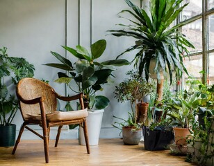 Zimmer mit Stuhl und vielen Pflanzen 
