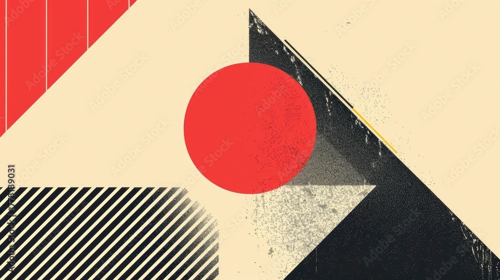 Poster minimalist graphic design with centered circle angled triangle and repeating pattern in crisp color 