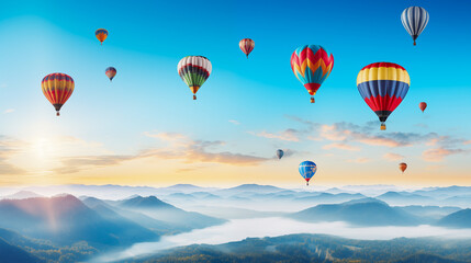 Naklejka premium Panoramic view with colorful hot air balloons fly in sky. Hot air balloon flying over the hill against bright blue sky