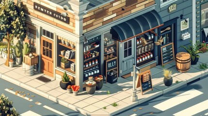 Cozy Isometric Ecommerce Scene of a Small Town General Store with Curated Selection of High Unique Artisanal Items
