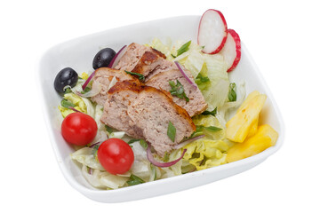 Salad with meat and vegetables. Isolated on a white background.