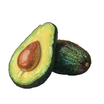 A painting of a halved avocado