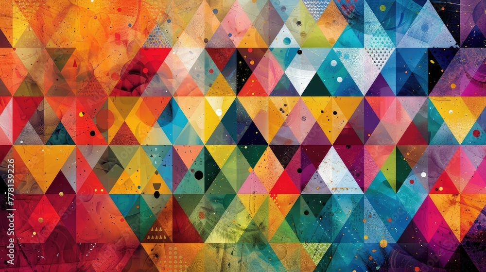 Poster kaleidoscopic geometry interlocking shapes and vivid color palette in dynamic rhythmic pattern