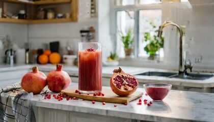 Pomegranate freshly squeezed juice in bright kitchen with halved pomegranates nearby. Healthy...