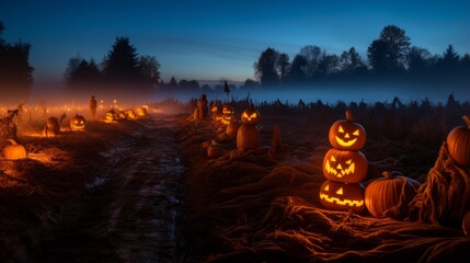Moonlit pumpkin patch with carved jack o' lanterns and fog