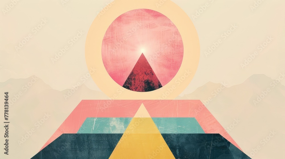 Aufkleber minimalist geometric landscape with hovering circle and balanced triangles in a pastel color palette