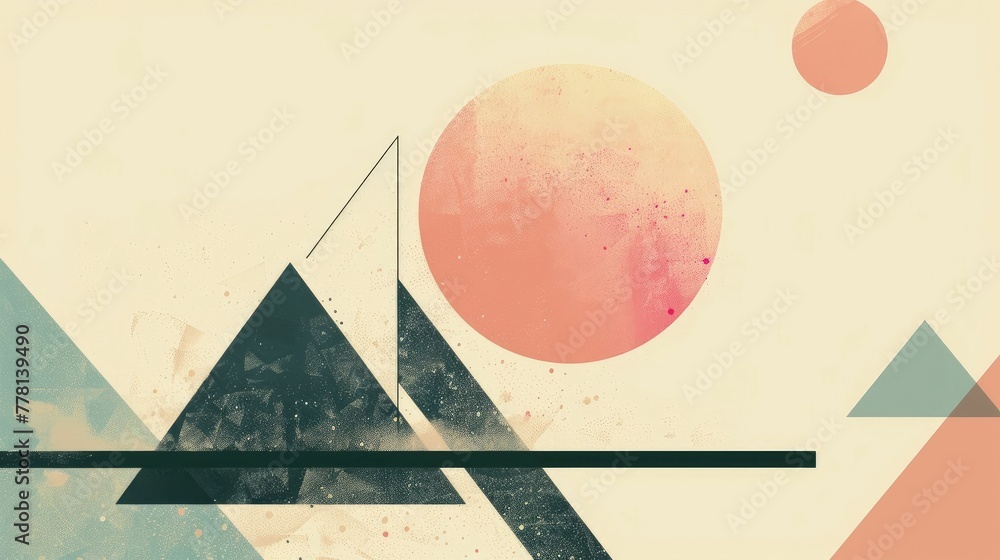 Poster A Minimalist Geometric Graphic Design with Hovering Circle Balanced Triangles and Intricate Tessellation Pattern in Pastel Color Palette