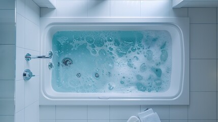 A bathtub filled with bubbles and water