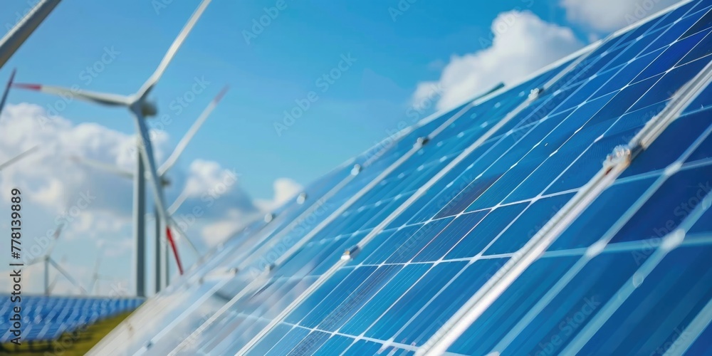 Poster a large solar panel array is shown with a blue sky background