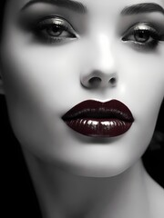 An alluringly intimate portrait of a woman's elegant features on black and white photography. Her lips exude sensuality and mystery.