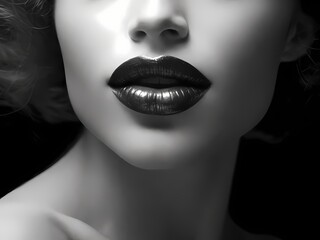 An alluringly intimate portrait of a woman's elegant features on black and white photography. Her lips exude sensuality and mystery.