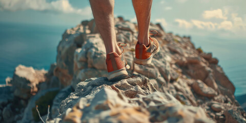 A man is standing on a rocky mountain with his feet in the air - Powered by Adobe