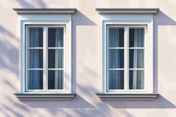 Two windows with white frames and blue curtains