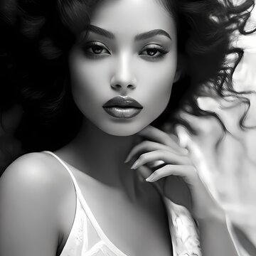 An alluringly intimate portrait of a woman's elegant features on black and white photography. Her lips exude sensuality and mystery.