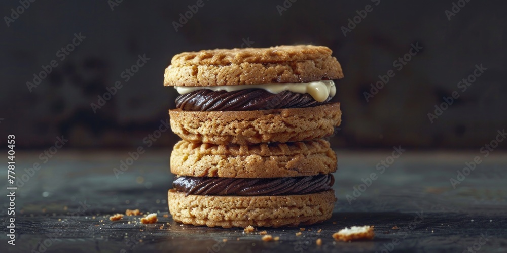 Poster three cookies stacked on top of each other with chocolate frosting in between