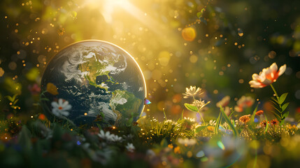 A beautiful planet Earth is surrounded by grass and flowers - obrazy, fototapety, plakaty