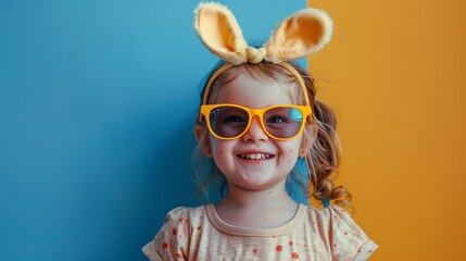 Little Girl With Yellow Sunglasses and Bunny Ears - obrazy, fototapety, plakaty
