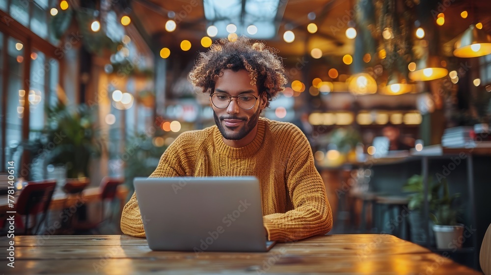 Poster man using laptop at table