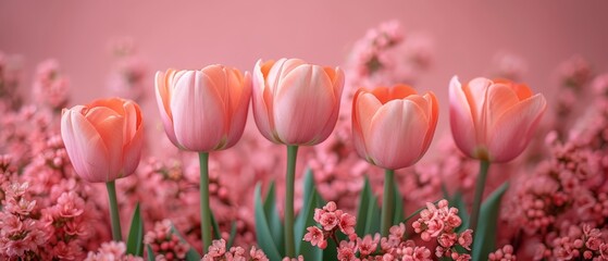 a group of pink tulips in a field with pink flowers in the foreground and a pink wall in the background.