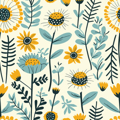 Vector Seamless Watercolor Pattern colorful Design - Texture a floral pattern with blue and yellow flowers