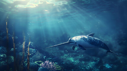 Fototapeta premium A lone narwhal navigating the crystal-clear depths of the ocean, its horn glistening in the sunlight against a softly blurred coral reef background