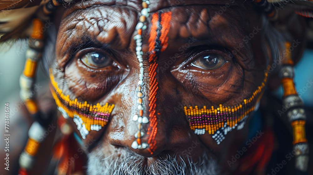 Poster a captivating portrait of a indigenous tribesman with an intricate