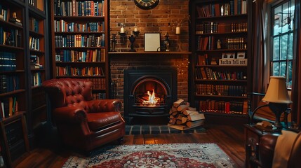 A cozy retro living room with a brick fireplace, a leather armchair, and a collection of vintage...