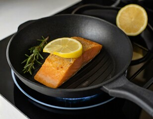 A salmon steak with perfectly crispy skin, searing in a cast iron skillet over a gas stove, with a squeeze of lemon ready on the side, highlighting the golden crust against the pink flesh