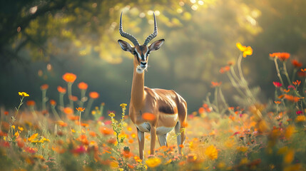 A magnificent gazelle standing tall amidst a field of vibrant wildflowers, with sunlight filtering through the trees