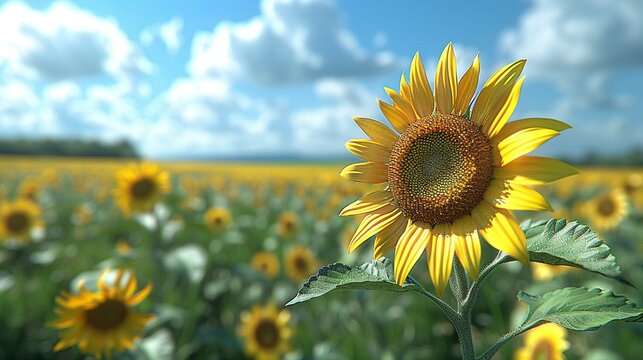 Photorealistic image of a sunflower in full bloom, closeup, vibrant summer colors ,3DCG,high resulution
