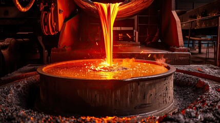 A large, glowing metal object is pouring out of a large, round container. Concept of power and energy, as the molten metal is being shaped and molded into something new