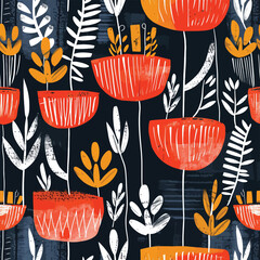 Vector Seamless Watercolor Pattern colorful Design - Texture a black background with orange and white flowers