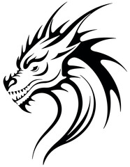 Drawing of Dragon Head as Logo - Black Illustration Isolated on White Background, Vector