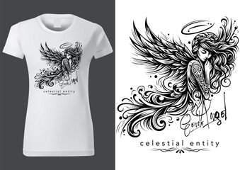 Gentle Angel as a Motif with a Beautiful Girl with Long Hair for Textile Print - Black and White Illustration, Vector - 778141890