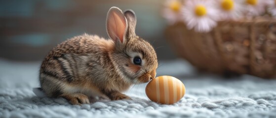 a small rabbit sitting next to an orange and white easter egg on a white carpet with daisies in the background.