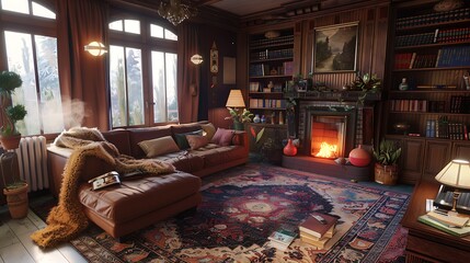 A cozy retro living room with a fireplace, a plush rug, and a comfortable sectional sofa, inviting...